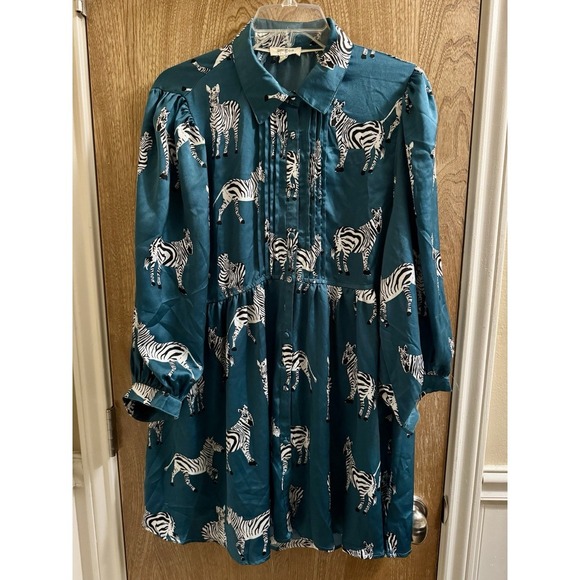 Umgee Boutique Satin Zebra Babydoll Top Dress Turquoise Button Down Flowy Sz L - Picture 1 of 11